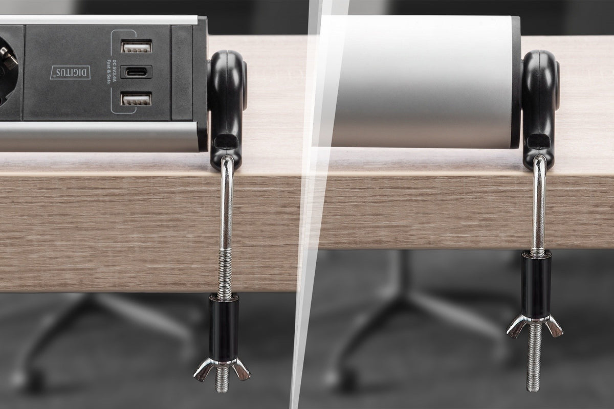 Prelungitor de prize pentru birou la 45°, 6 prize, 2xUSB-A, 1xUSB-C (5V/3.4A), rotație la 180°, aluminiu, cu clemă de birou