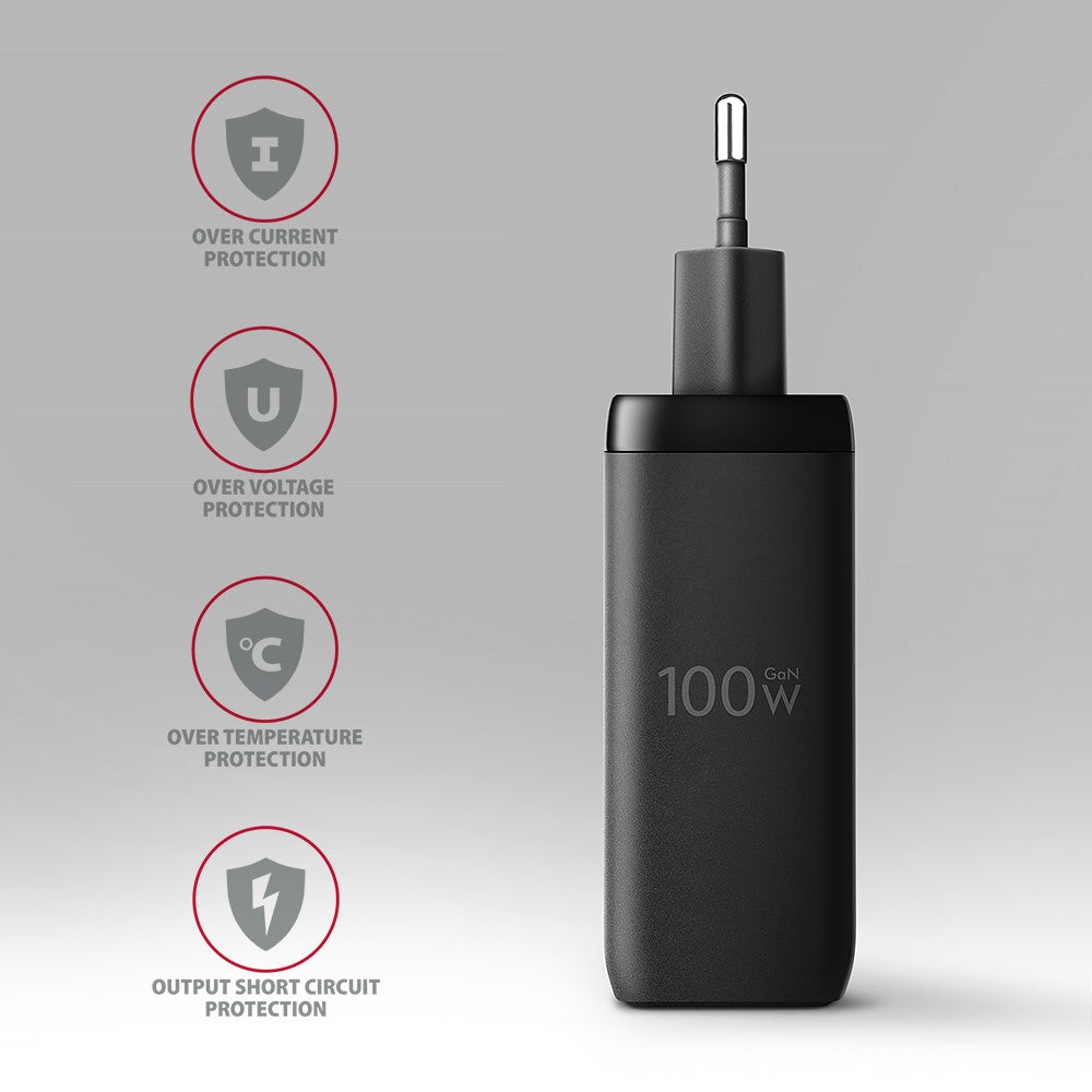 Încărcător de perete ACU-DPQ100 GaN 100W, 3 porturi (USB-A + USB-C dual) PD3.0/QC4+/PPS/Apple Negru