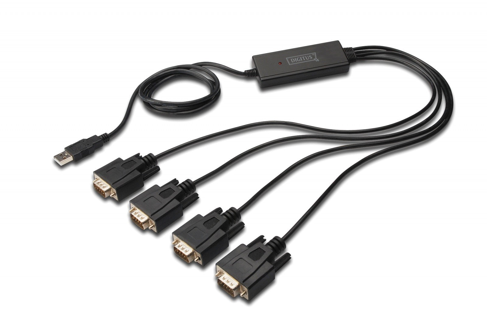 Cablu adaptor USB-A 2.0 mascul la 4x RS232 (DB9) mascul | Chipset FTDI FT2232H | Negru | Montare cu șurub | 1,5 m