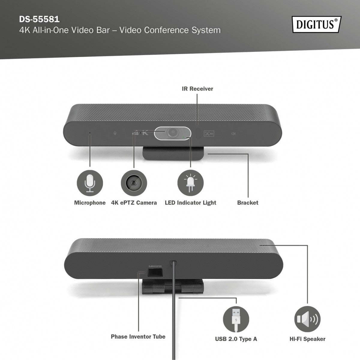 Sistem de videoconferință 4K ePTZ, unghi larg de 90°, senzor de 3.0'', Hi-Fi de 8MP, 2 microfoane, telecomandă