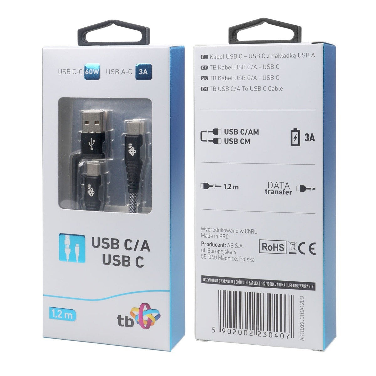 Cablu 2 în 1: USB C - USB C cu conector USB A, 1,2 m