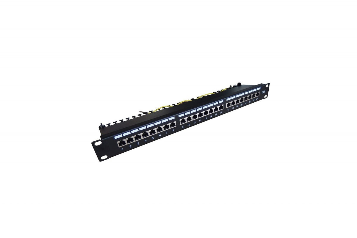 Patch panel 19'' 24x RJ45, cat.6, ecranat, nivel LSA, ghidaj cablu, câmpuri de etichetare, 1U, negru (complet)
