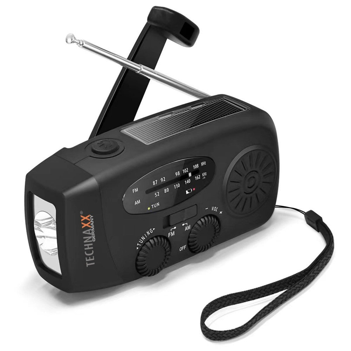 Radio solar AM/FM cu manivelă și lanternă LED