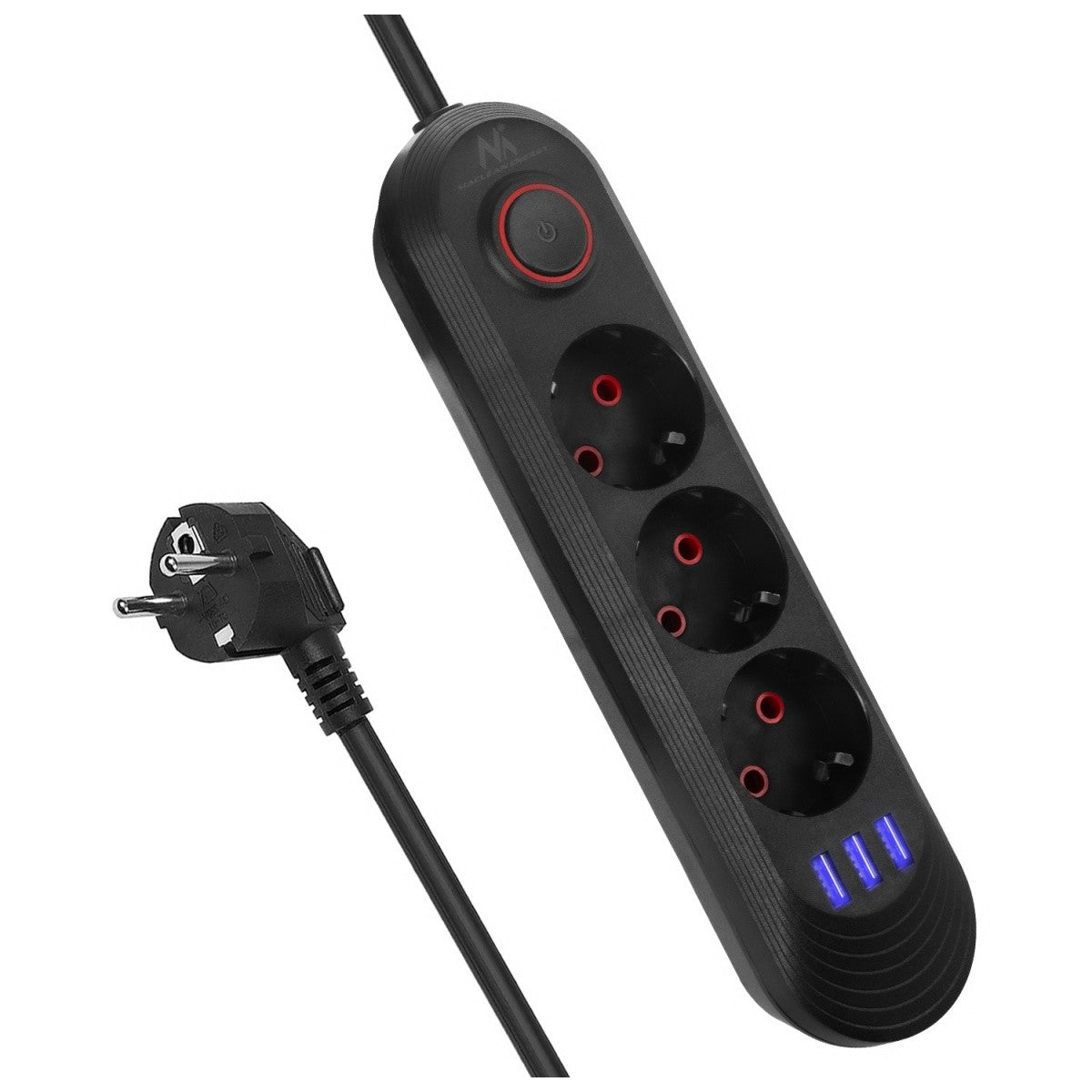 Prelungitor MCE394 B, 1,5 m | 3 prize + 3xUSB. 110-240V AC 50/60Hz, 2,1A max 2500W, negru