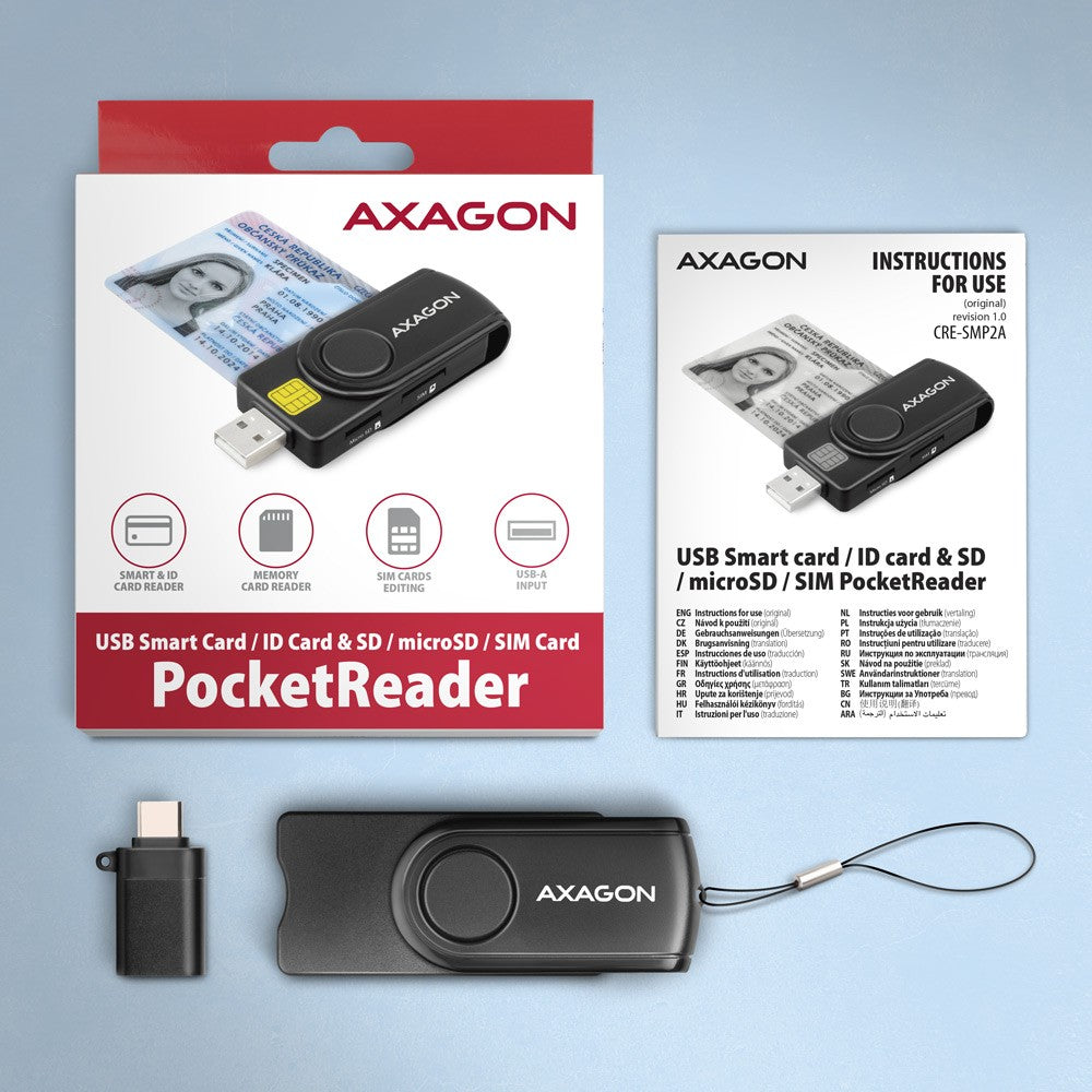 Cititor de carduri de identitate și cititor de carduri SD/microSD/SIM PocketReader USB CRE-SMP2A