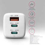 Încărcător de perete ACU-DPQ65W GaN 65W, 3 porturi (USB-A + USB-C dual) PD3.0/QC4+/PPS/Apple, alb