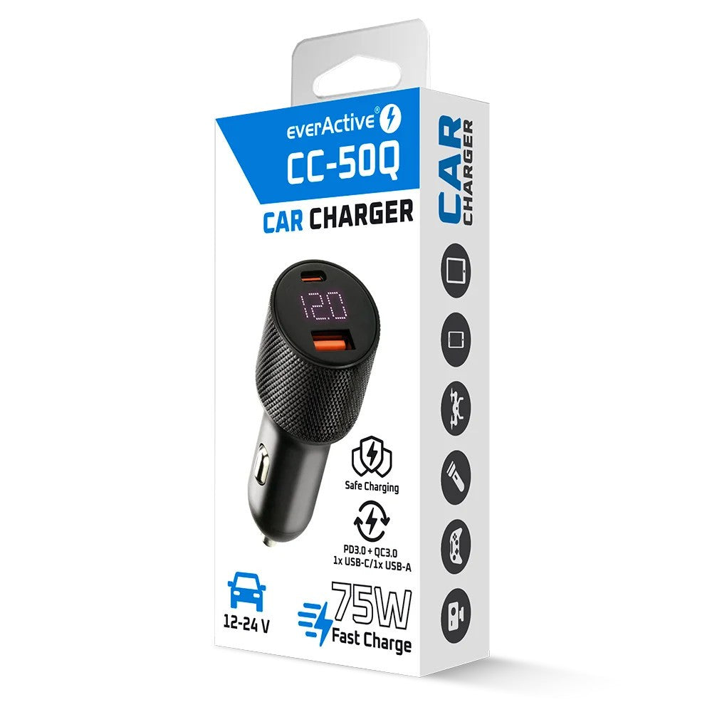 Încărcător auto CC-50Q QC3.0 75W 1X USB + 1X USB-C PD Negru