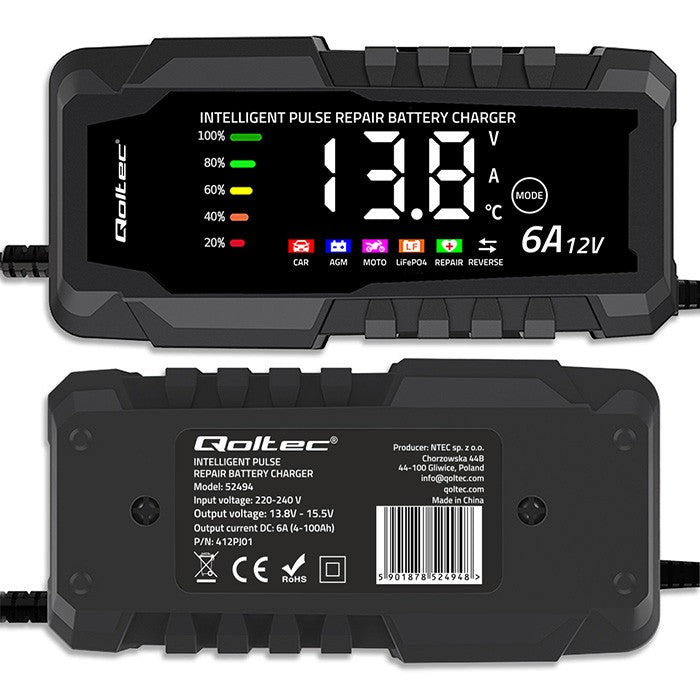 Încărcător cu microprocesor 12V 6A | Redresor cu funcție de reparare pentru baterii AGM GEL LiFePO4 | LCD