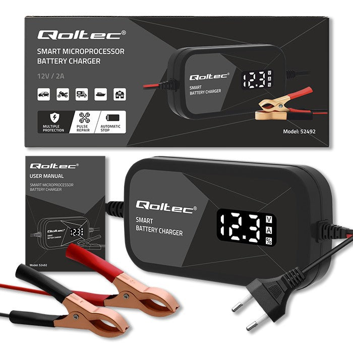 Încărcător inteligent cu microprocesor 12V | 2A | Redresor cu funcție de regenerare a celulelor pentru baterii AGM cu gel | LCD