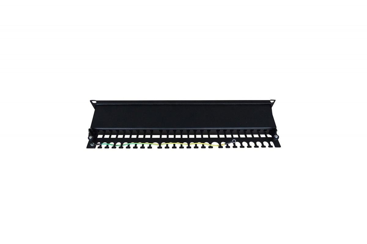 Patch panel 19'' 24x RJ45, cat.6, ecranat, nivel LSA, ghidaj cablu, câmpuri de etichetare, 1U, negru (complet)