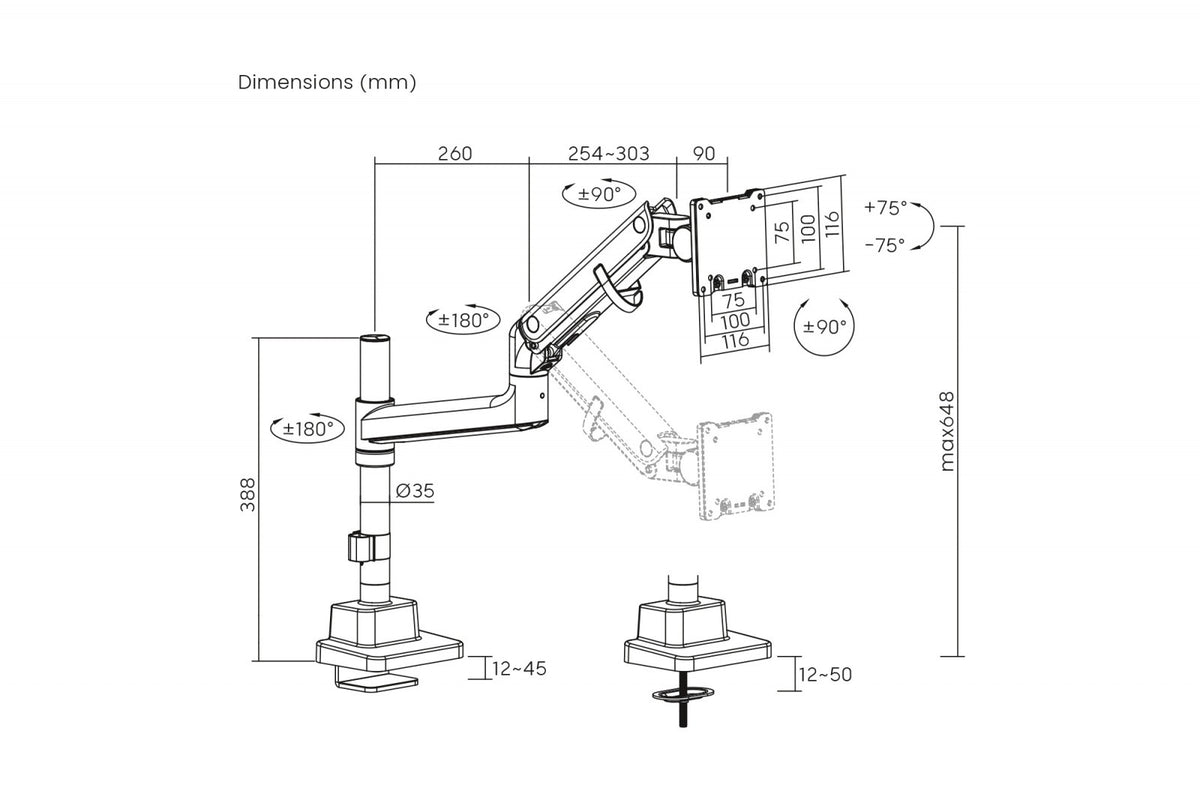 Braț de birou simplu cu clemă și arc cu gaz 1x LCD max. 57" 27kg, VESA: 75x75, 100x100, negru