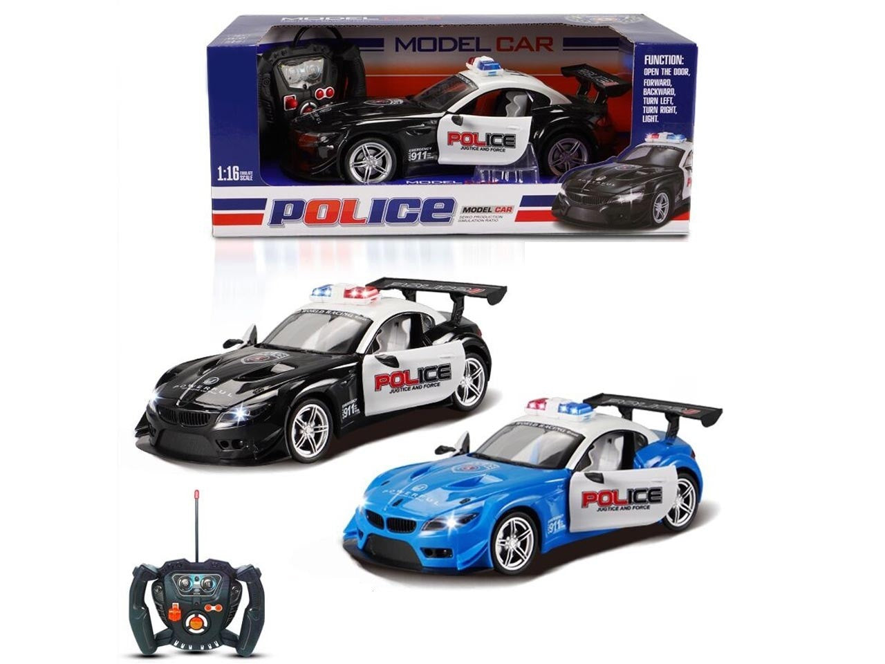 Mașină de poliție radiocomandată cu lumină și uși care se deschid