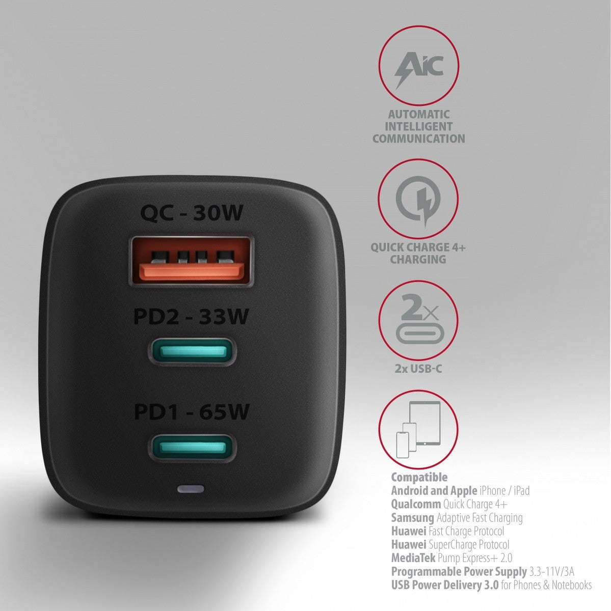 Încărcător de perete ACU-DPQ65, GaN 65W, 3 porturi (USB-A + USB-C dual), PD3.0/QC4+/PPS/Apple, negru