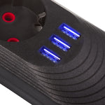 Prelungitor MCE394 B, 1,5 m | 3 prize + 3xUSB. 110-240V AC 50/60Hz, 2,1A max 2500W, negru