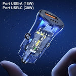Încărcător auto 30W 1xUSB + 1xUSB-C încărcare rapidă