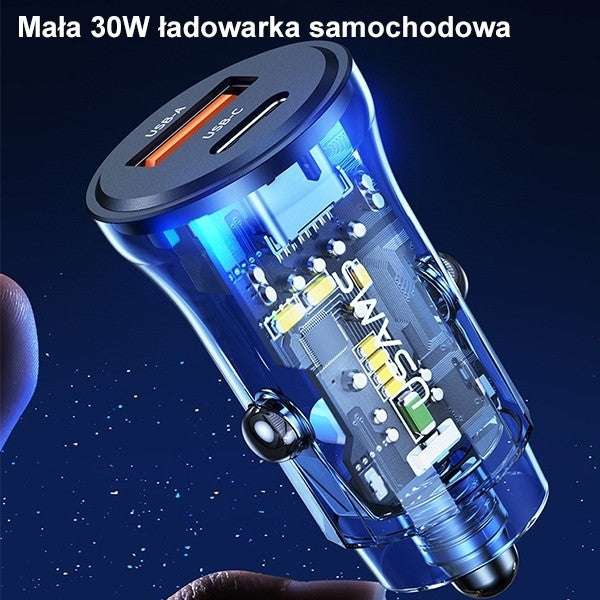 Încărcător auto 30W 1xUSB + 1xUSB-C încărcare rapidă