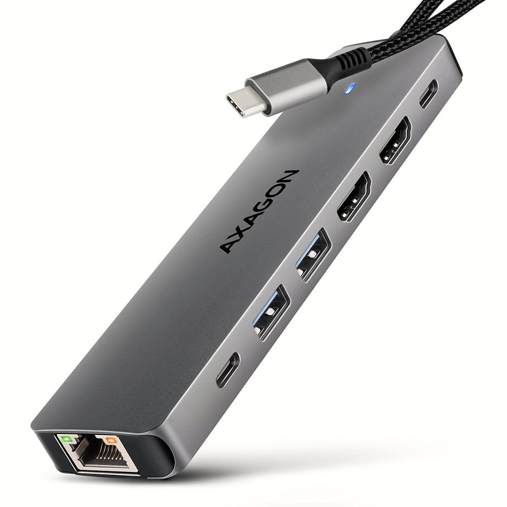 Hub USB HMC-7HX2 Wieloportovy 7 în 1, 5 Gbps, 2x USB-A, 1x USB-C, 2x HDMI 4K/60Hz, GLAN, PD 100 W, cablu USB-C de 15 cm