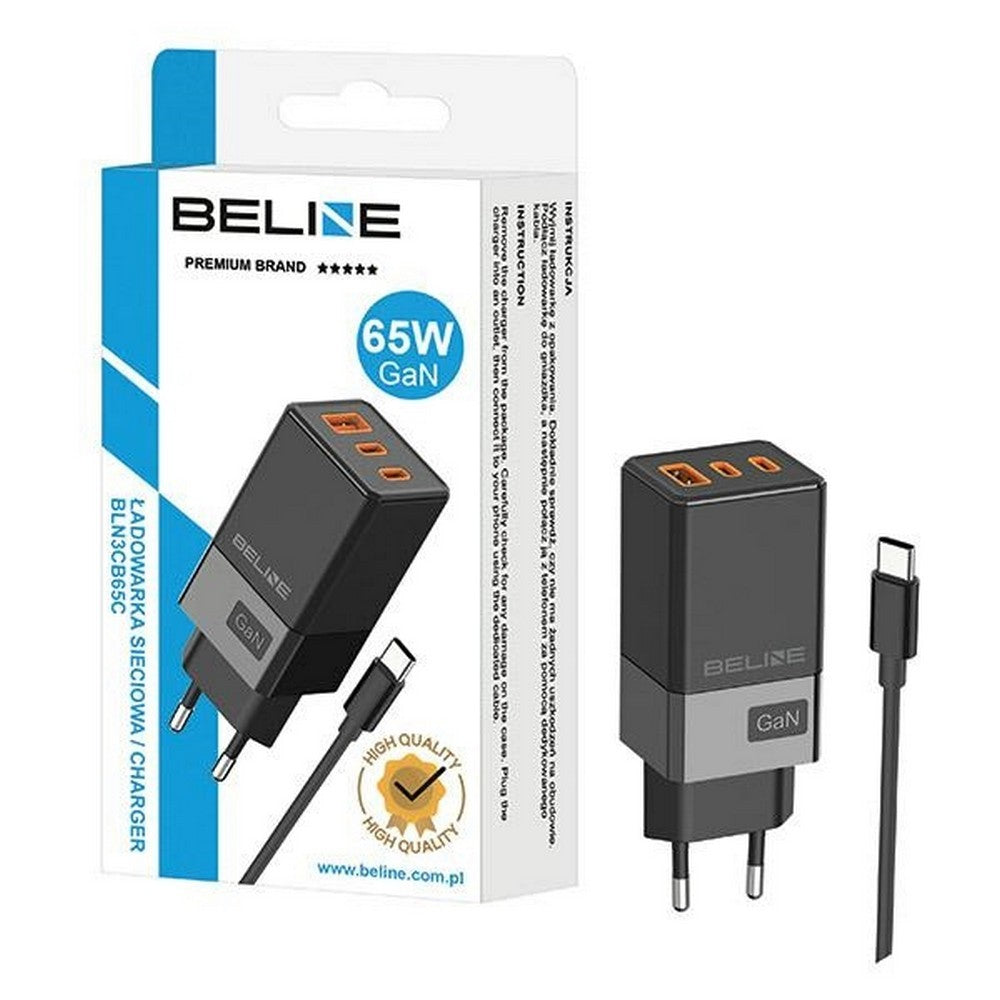 Încărcător de perete GaN 65W 2xUSB-C + USB-A + cablu USB-C negru