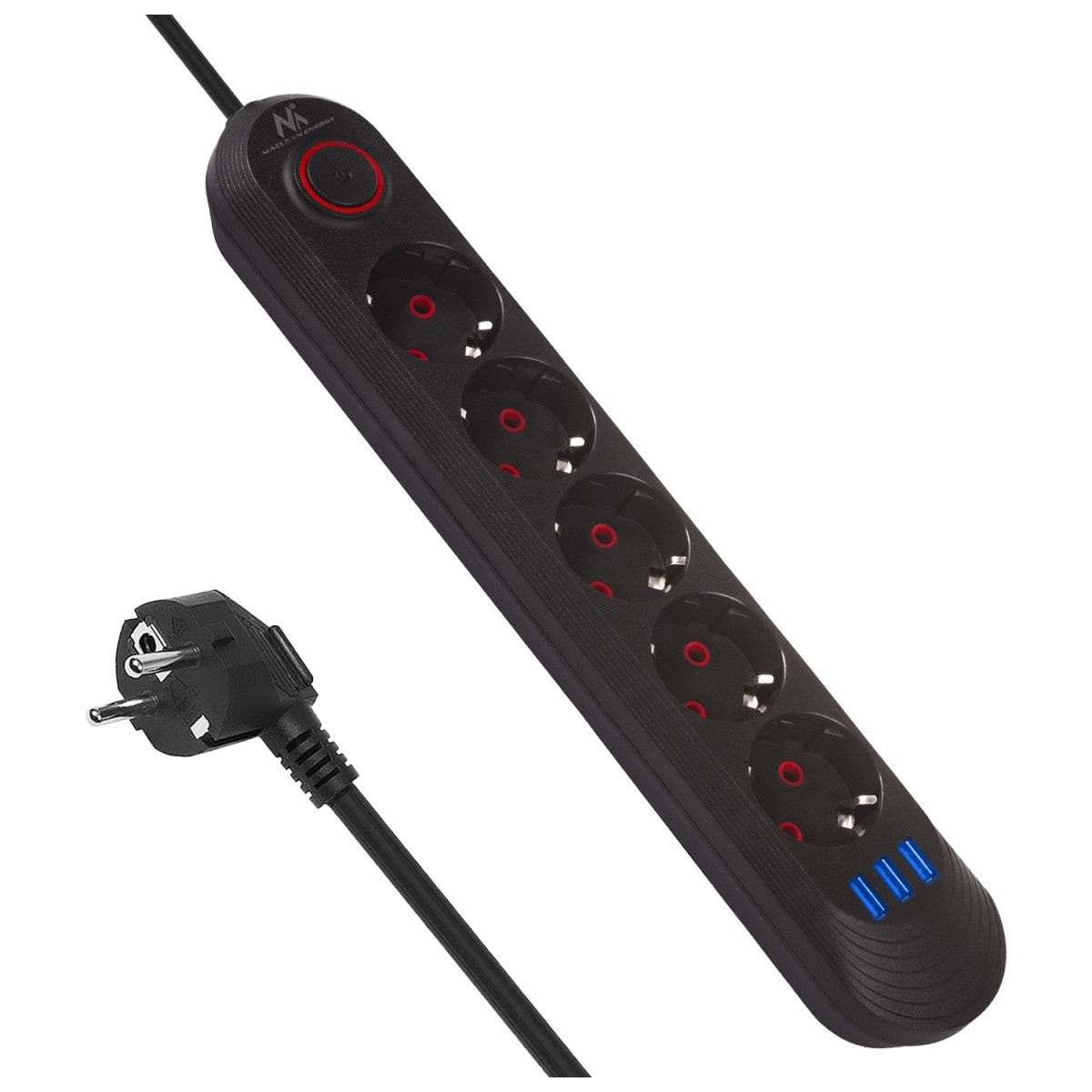 Prelungitor MCE395 B, 5 prize, 3xUSB, 110-240V AC 50/60Hz, 2.1A max 2500W, negru