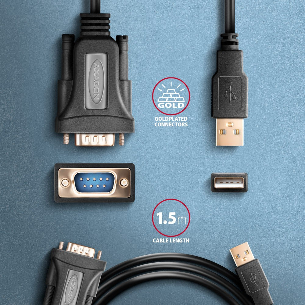 Adaptor ADS-1PQN USB 2.0 > RS-232 pentru port serial, cablu de 1,5 m, cip FTDI