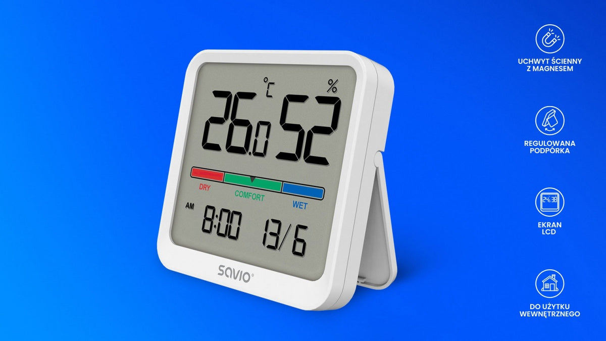 Senzor de temperatură și umiditate, pentru uz interior, ecran LCD, ceas, dată, suport magnetic, CT-01/W Alb