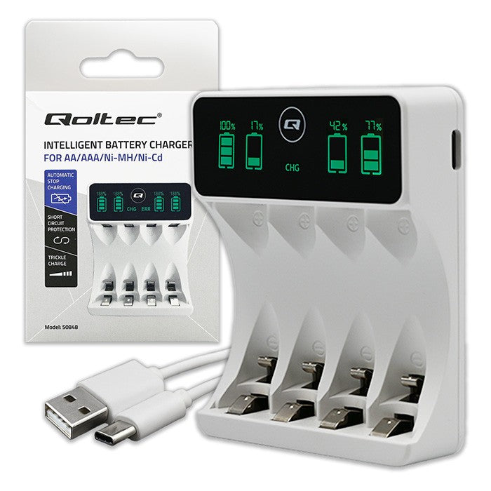 Încărcător pentru baterii Ni-MH tip R03 AAA R6 AA | LCD | Cablu USB-C | Alb