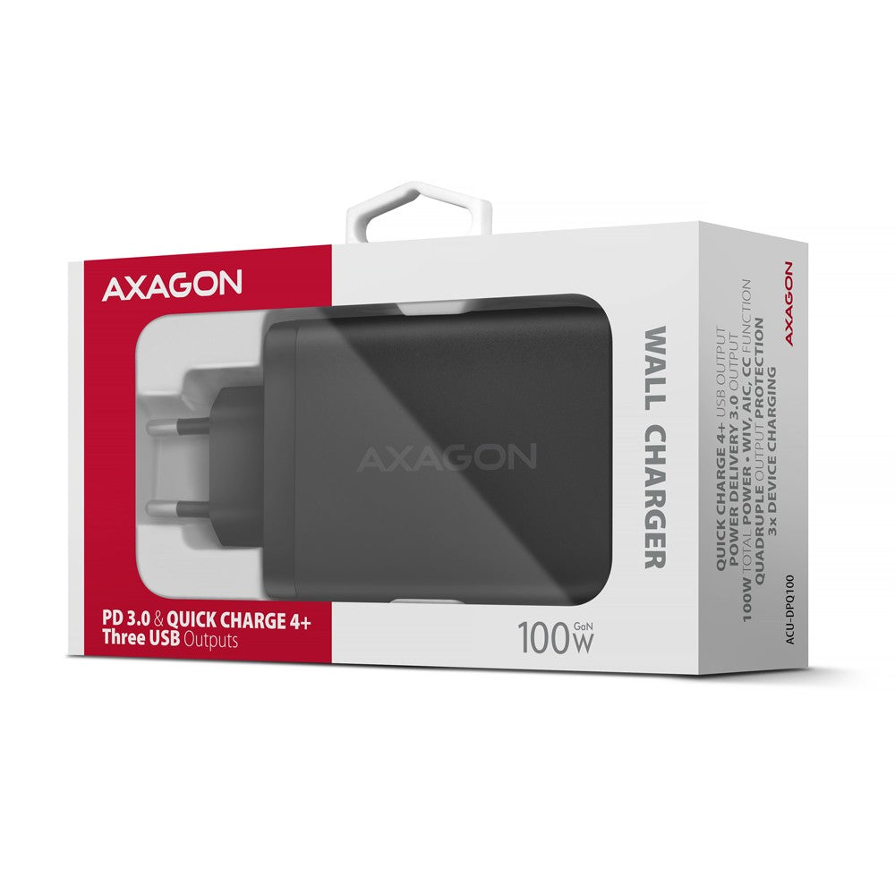 Încărcător de perete ACU-DPQ100 GaN 100W, 3 porturi (USB-A + USB-C dual) PD3.0/QC4+/PPS/Apple Negru