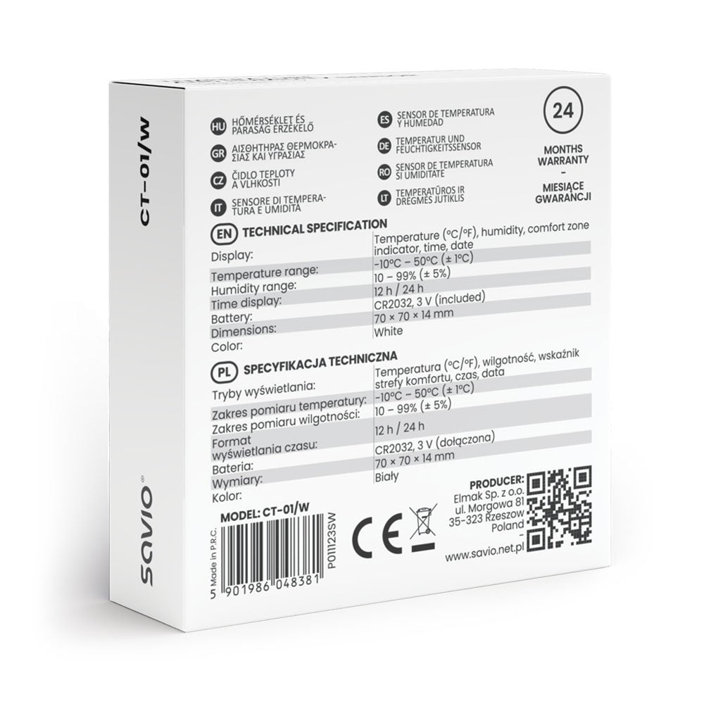 Senzor de temperatură și umiditate, pentru uz interior, ecran LCD, ceas, dată, suport magnetic, CT-01/W Alb
