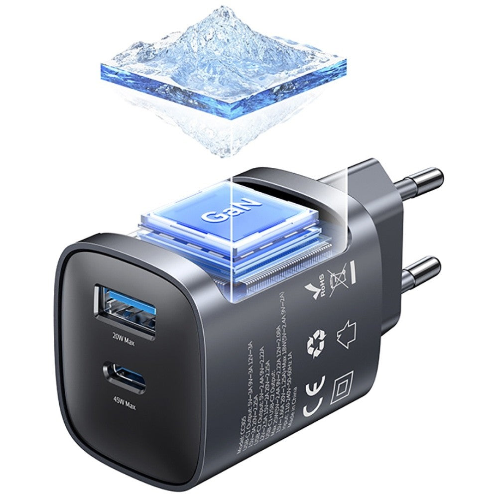 Încărcător de perete cu încărcare rapidă T66 45W CC290 GaN 1xUSB-A 1xUSB-C argintiu