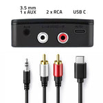 Transmițător-receptor audio HiFi wireless pentru casă și mașină | Bluetooth 6.0 | NFC | 2 x RCA | 1 x AUX MiniJack 3.5mm | Microfon