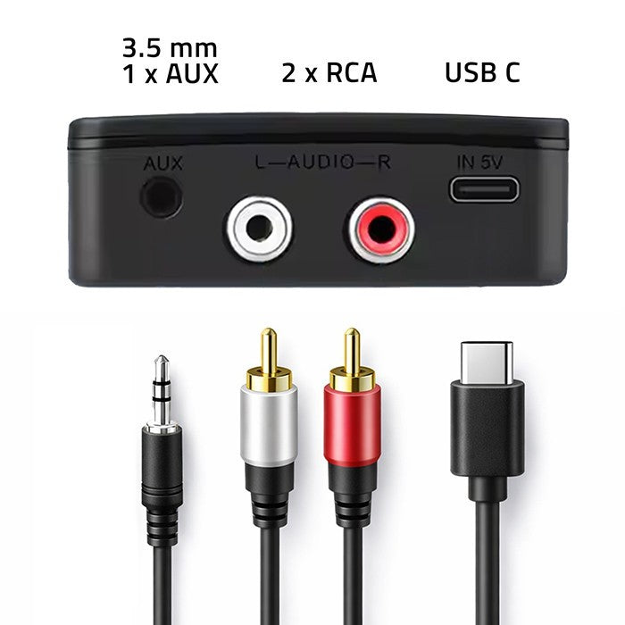 Transmițător-receptor audio HiFi wireless pentru casă și mașină | Bluetooth 6.0 | NFC | 2 x RCA | 1 x AUX MiniJack 3.5mm | Microfon