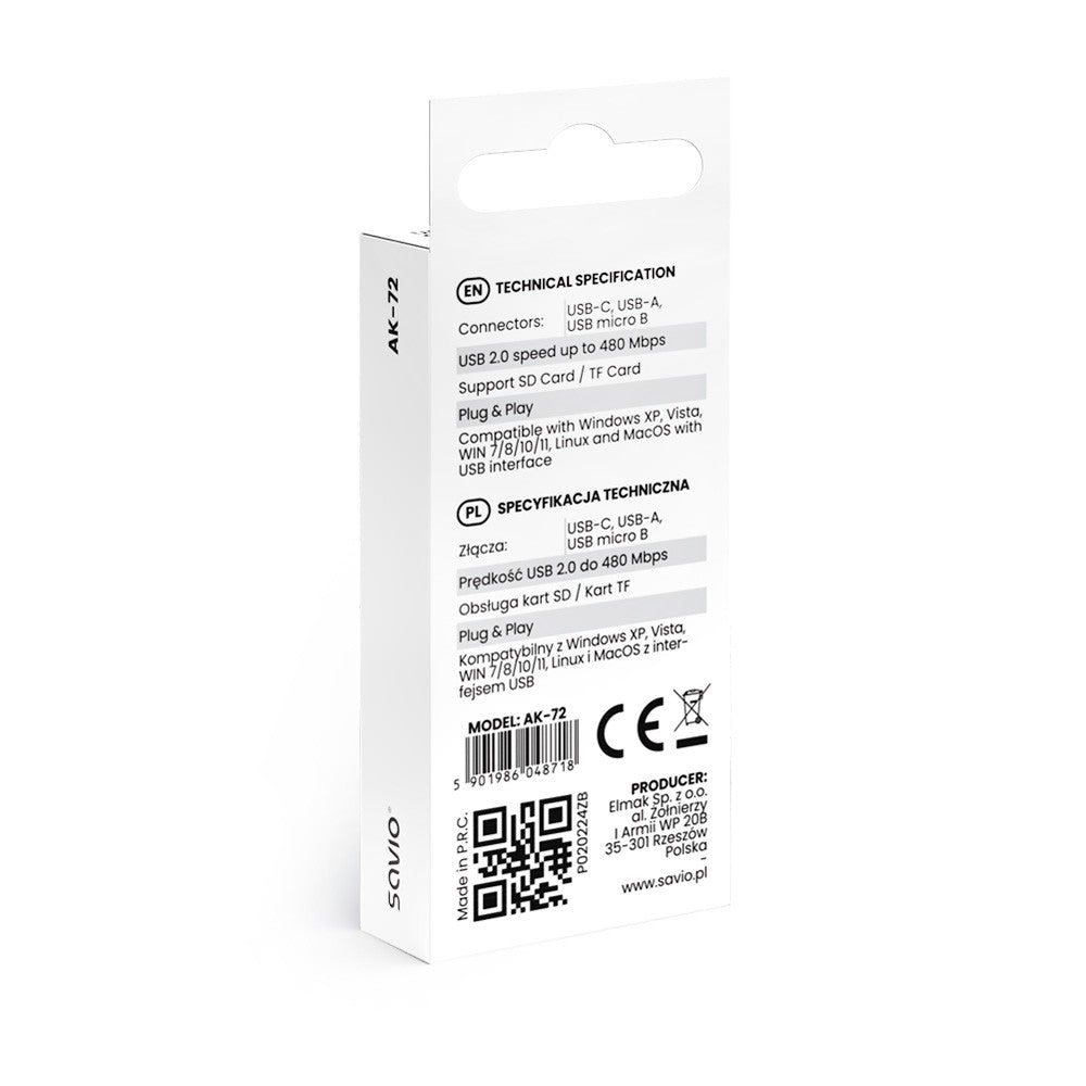 Cititor de carduri SD 3 în 1, USB-C + USB-A 2.0 + Micro USB, AK-72