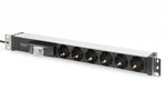Prelungitor rack PDU 19", 6 prize Schuko, 2,0 m, 1 ștecher Unischuko, 16A, întrerupător automat, profil din aluminiu