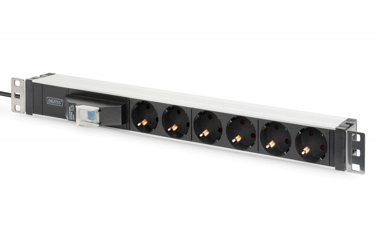 Prelungitor rack PDU 19", 6 prize Schuko, 2,0 m, 1 ștecher Unischuko, 16A, întrerupător automat, profil din aluminiu