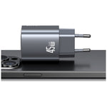 Încărcător de perete cu încărcare rapidă T66 45W CC290 GaN 1xUSB-A 1xUSB-C argintiu