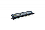 Patch panel 19'' 24x RJ45, cat.6, ecranat, nivel LSA, ghidaj cablu, câmpuri de etichetare, 1U, negru (complet)