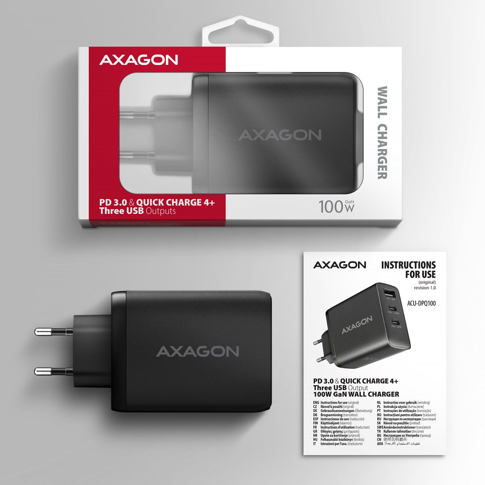 Încărcător de perete ACU-DPQ100 GaN 100W, 3 porturi (USB-A + USB-C dual) PD3.0/QC4+/PPS/Apple Negru