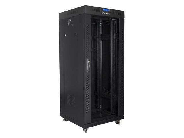 Dulap rack negru de podea 19" 27U 600x600, ușă LCD din sticlă (pachet complet)