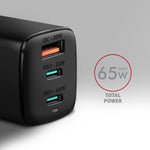 Încărcător de perete ACU-DPQ65, GaN 65W, 3 porturi (USB-A + USB-C dual), PD3.0/QC4+/PPS/Apple, negru