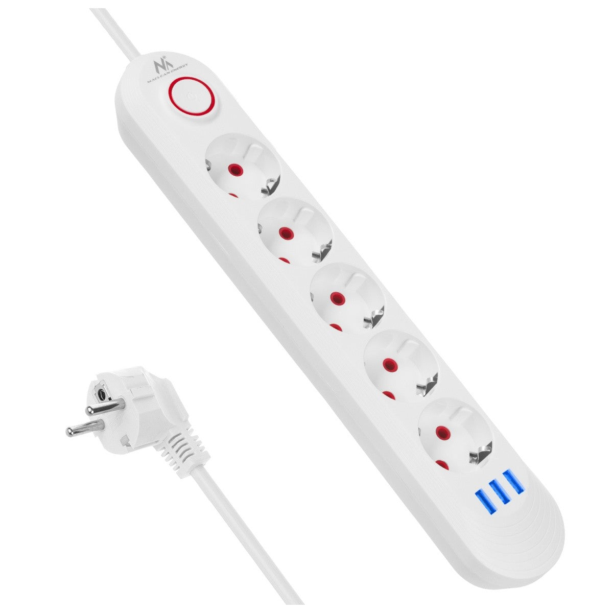 Prelungitor cu 5 prize MCE395 W 3xUSB, 110-240v AC 50/60Hz, 2.1A max 2500W, alb