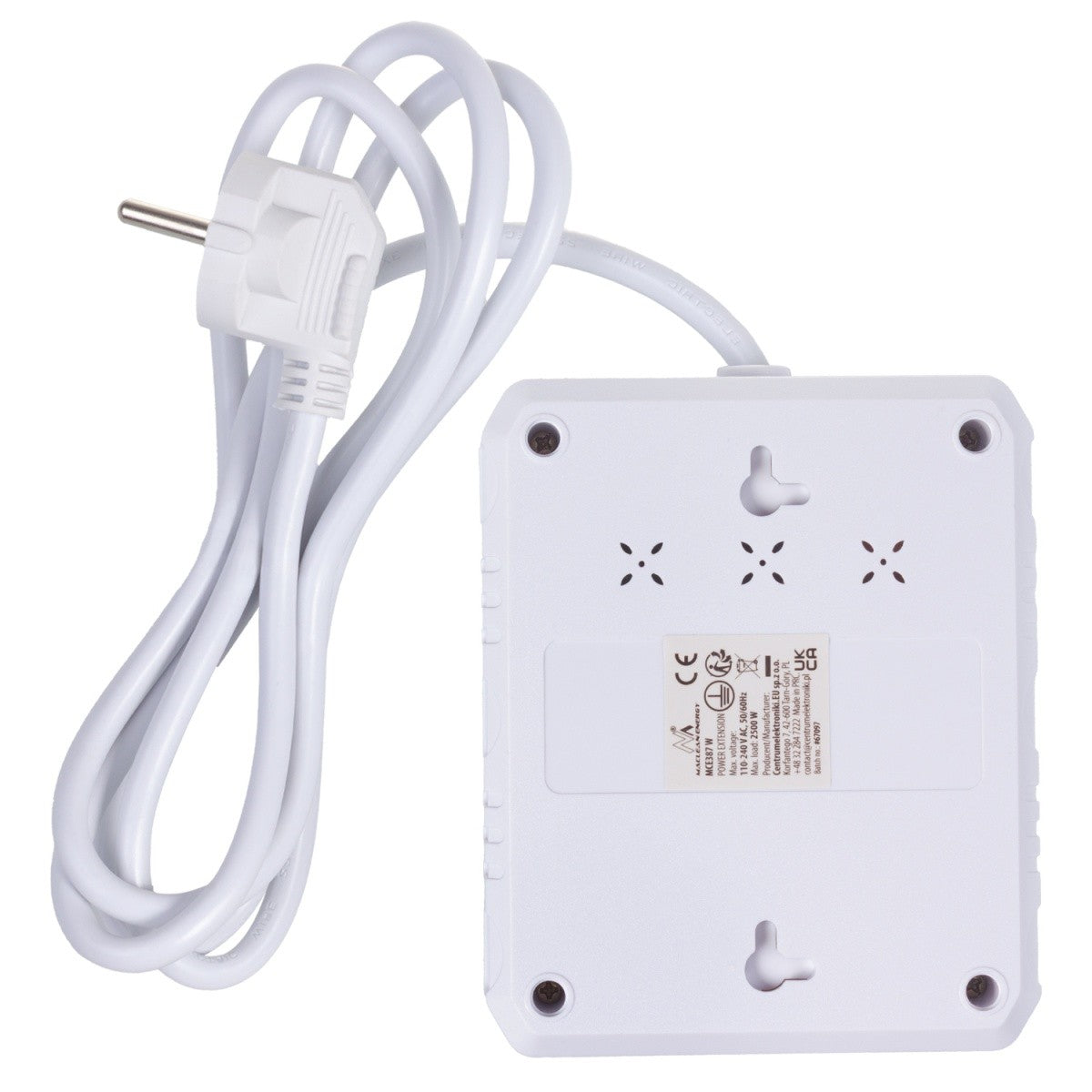 Prelungitor cu 2 prize MCE387 W 3xUSB, 110-240V AC 50/60Hz, 2.1A max 2500W, 1.5m, alb