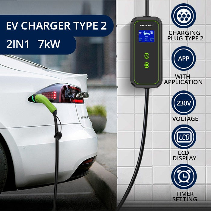 Încărcător mobil pentru mașini electrice EV cu reglare 2 în 1 Tip 2 | 7kW | 230V | CEE 3 PIN | WiFi | LCD | Portabil | Wallbox | 5m