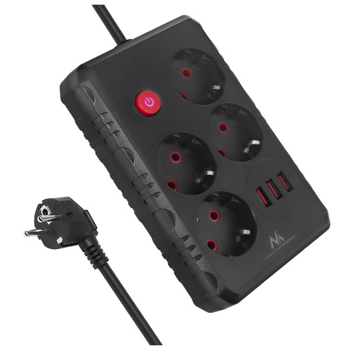 Prelungitor MCE392 B, 4 prize, 3xUSB, 110-240V AC 50/60Hz, 2.1A max 2500W, 1.5m negru