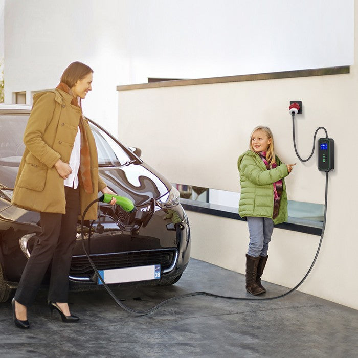 Încărcător mobil pentru mașini electrice EV cu reglare 2 în 1 Tip 2 | 7kW | 230V | CEE 3 PIN | WiFi | LCD | Portabil | Wallbox | 5m