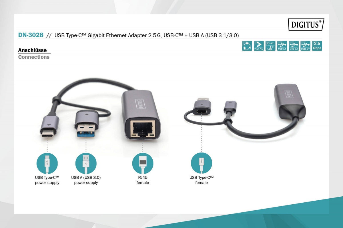 Adaptor de rețea cu fir USB 3.1 Tip C + USB A la 1x RJ45 2.5 Gigabit Ethernet 10/100/1000/2500Mbps