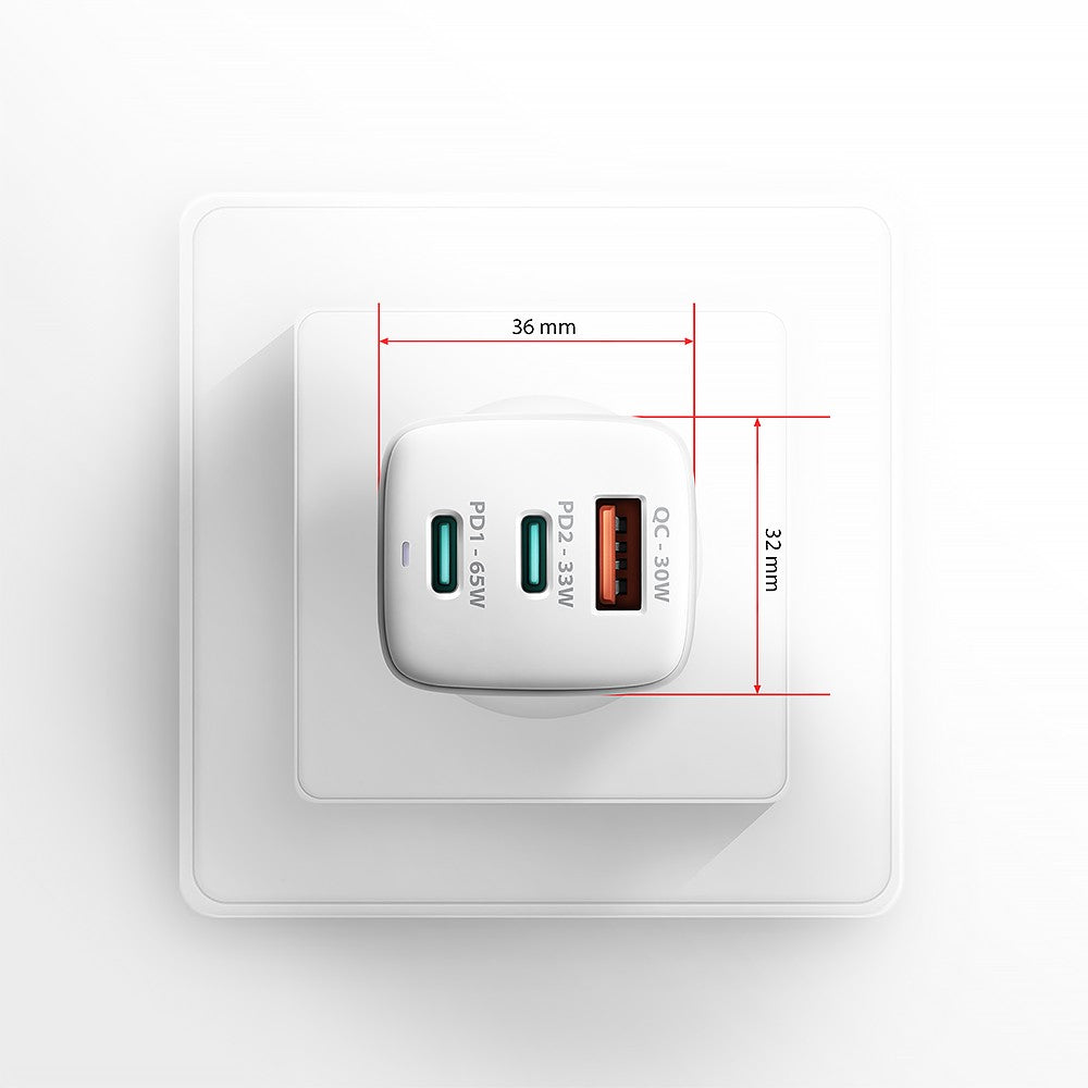 Încărcător de perete ACU-DPQ65W GaN 65W, 3 porturi (USB-A + USB-C dual) PD3.0/QC4+/PPS/Apple, alb