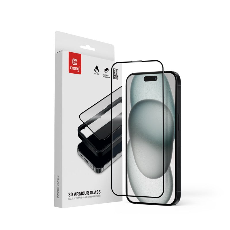 Sticlă securizată 3D Armor Glass - 9H, cu finisaj lipicios, pentru iPhone 16 / iPhone 15 + ramă de instalare