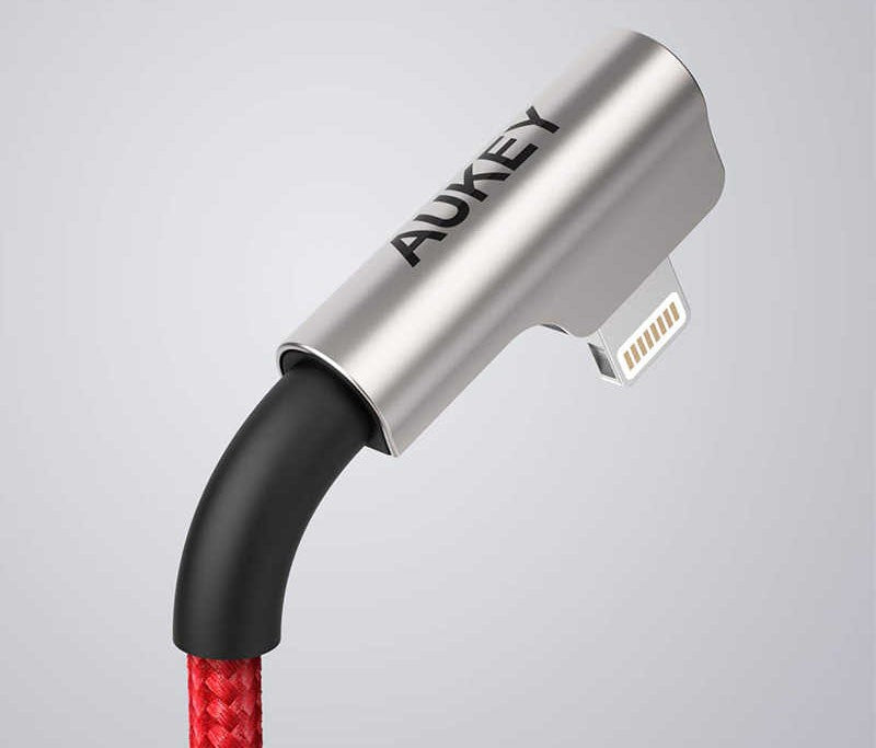 Cablu de date CB-AL01 OEM cu mufă Lightning la USB-A de 90°, 2 m, mufe Apple înclinate la 90 de grade, împletitură de nailon, roșu