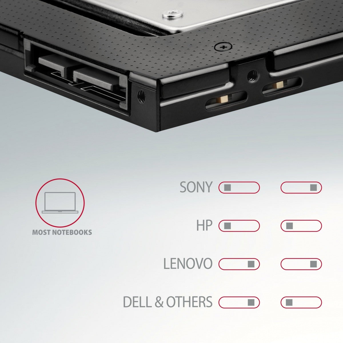 Ramă RSS-CD09 pentru slot SSD-HDD de 2,5" pentru DVD, aluminiu LED de 9,5 mm