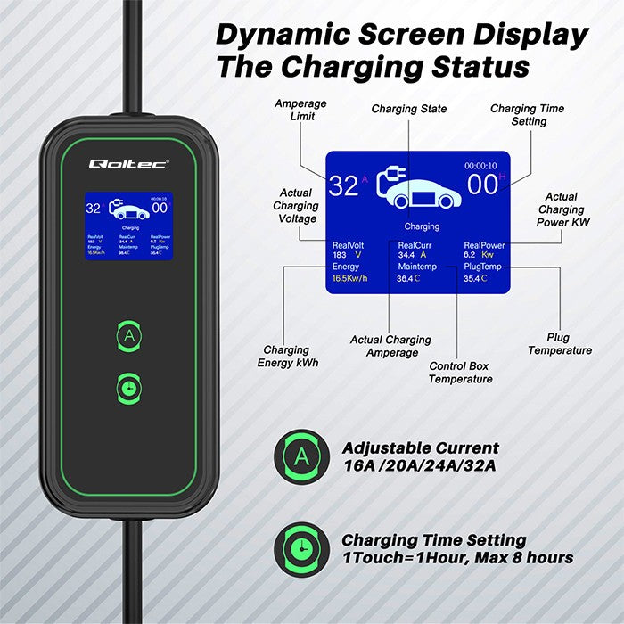 Încărcător mobil pentru mașini electrice EV cu reglare 2 în 1 Tip 2 | 7kW | 230V | CEE 3 PIN | WiFi | LCD | Portabil | Wallbox | 5m